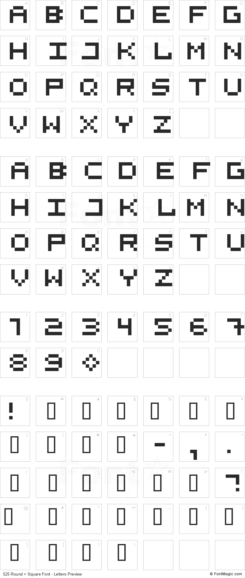 525 Round + Square Font - All Latters Preview Chart