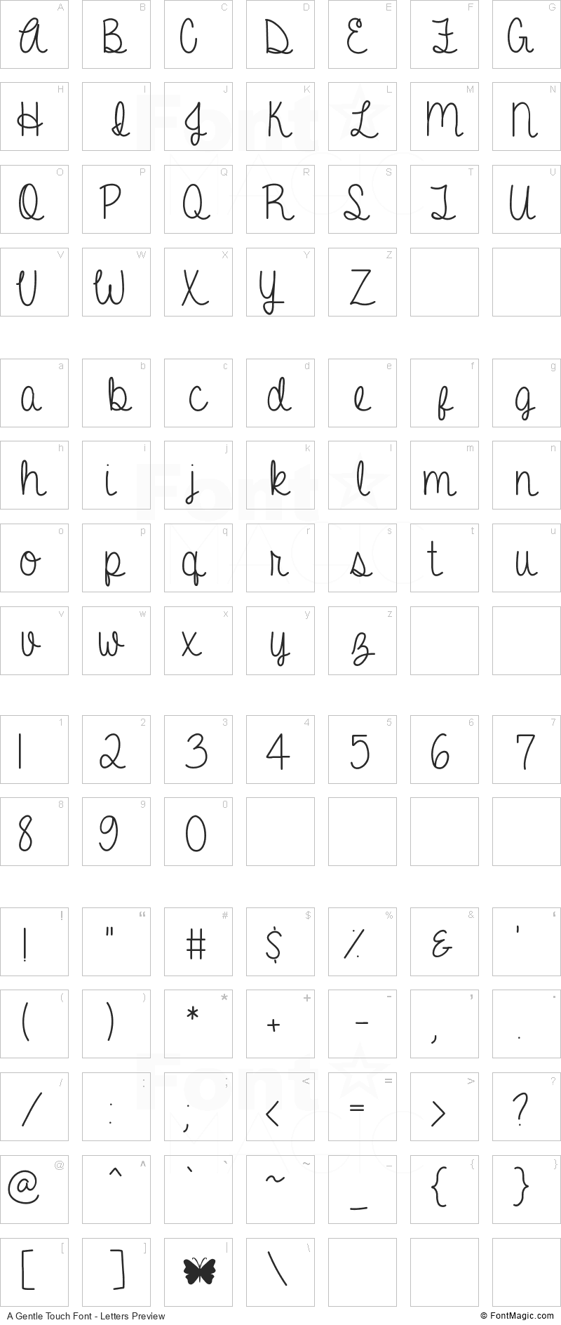 A Gentle Touch Font - All Latters Preview Chart