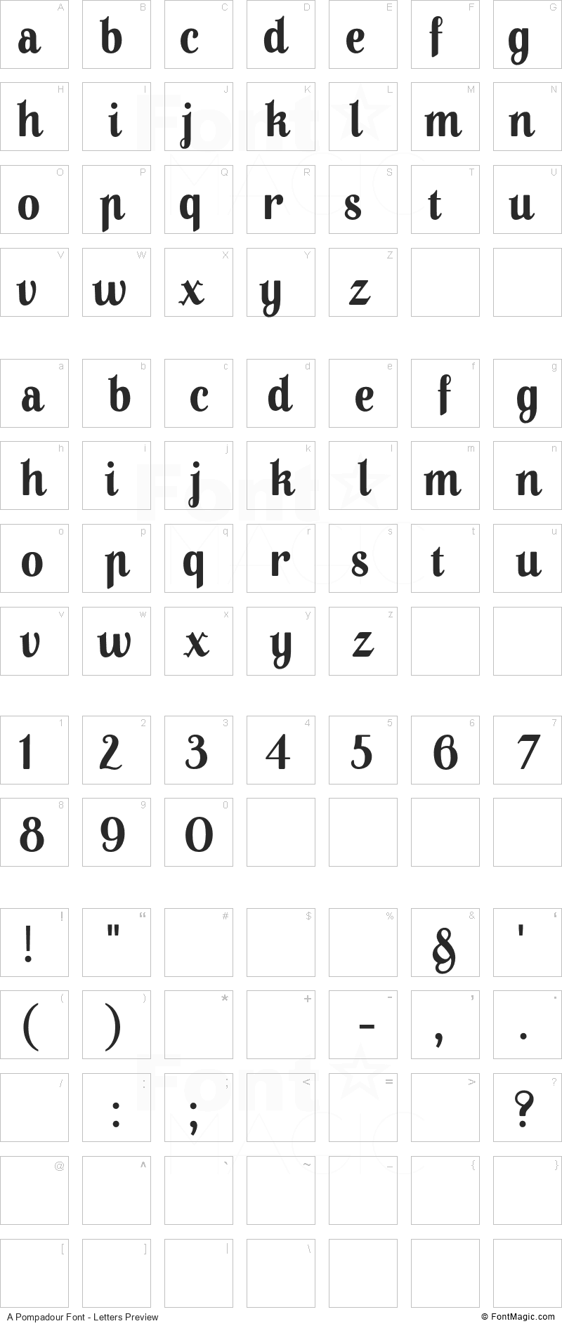 A Pompadour Font - All Latters Preview Chart
