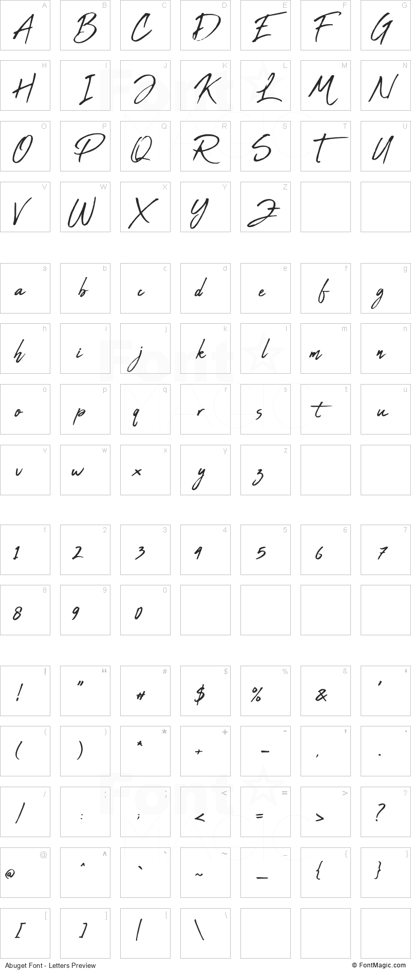 Abuget Font - All Latters Preview Chart