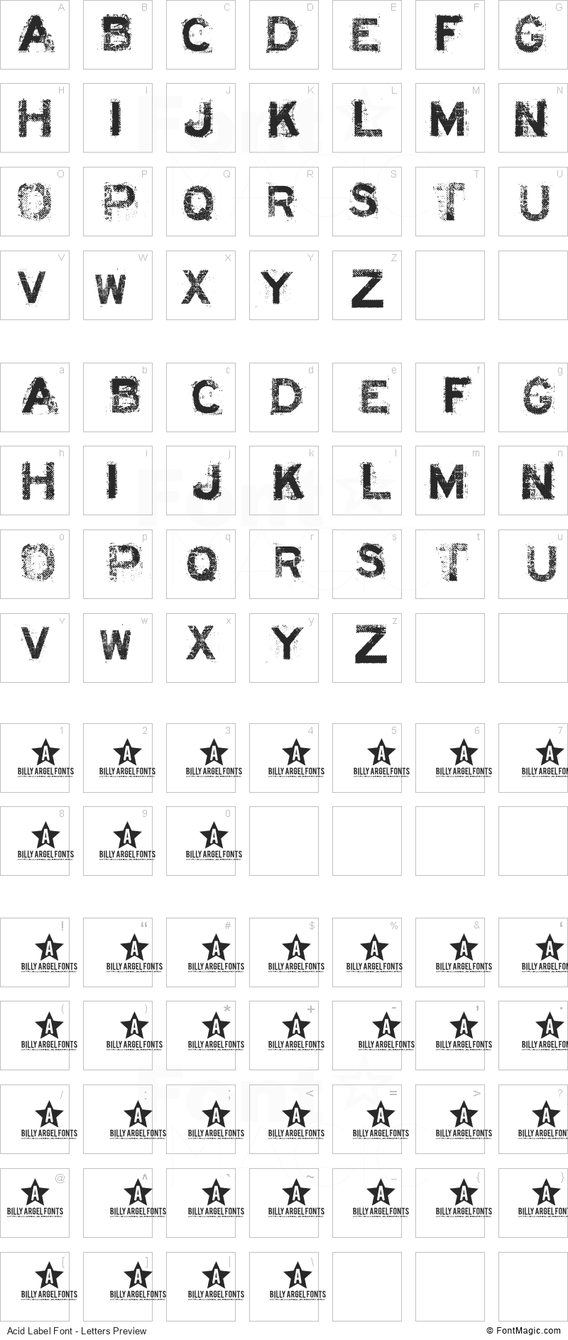 Acid Label Font - All Latters Preview Chart