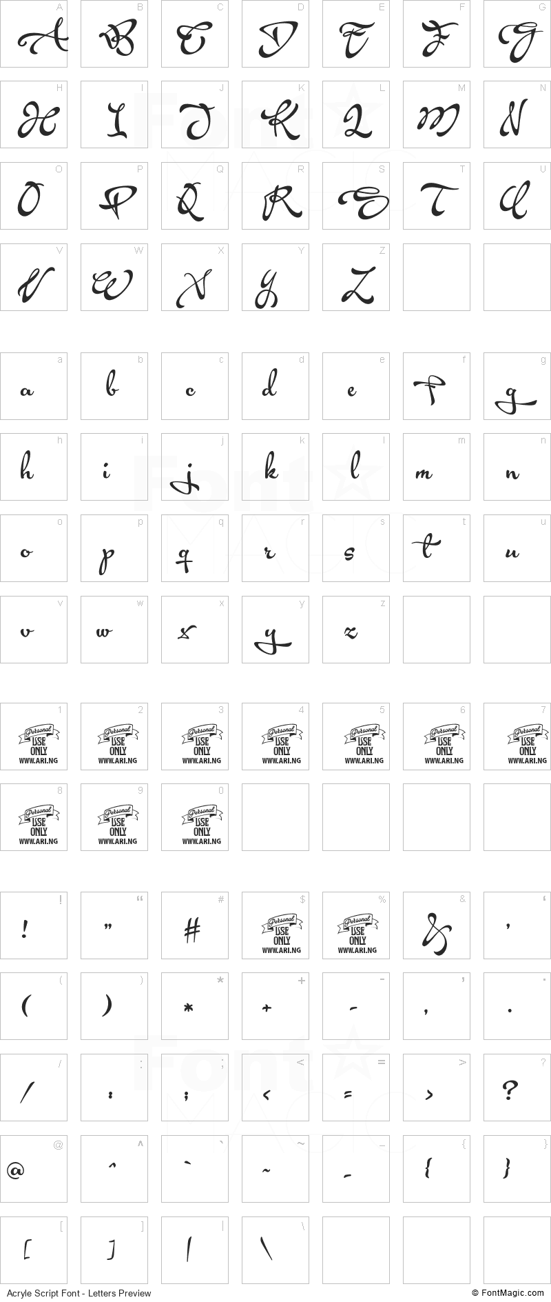 Acryle Script Font - All Latters Preview Chart