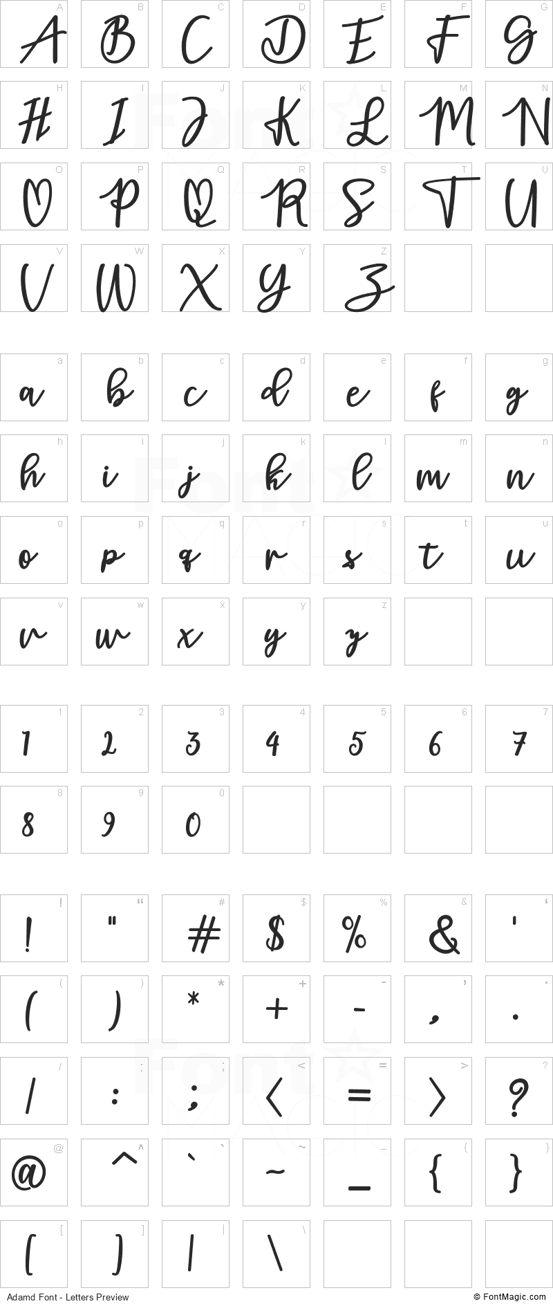 Adamd Font - All Latters Preview Chart