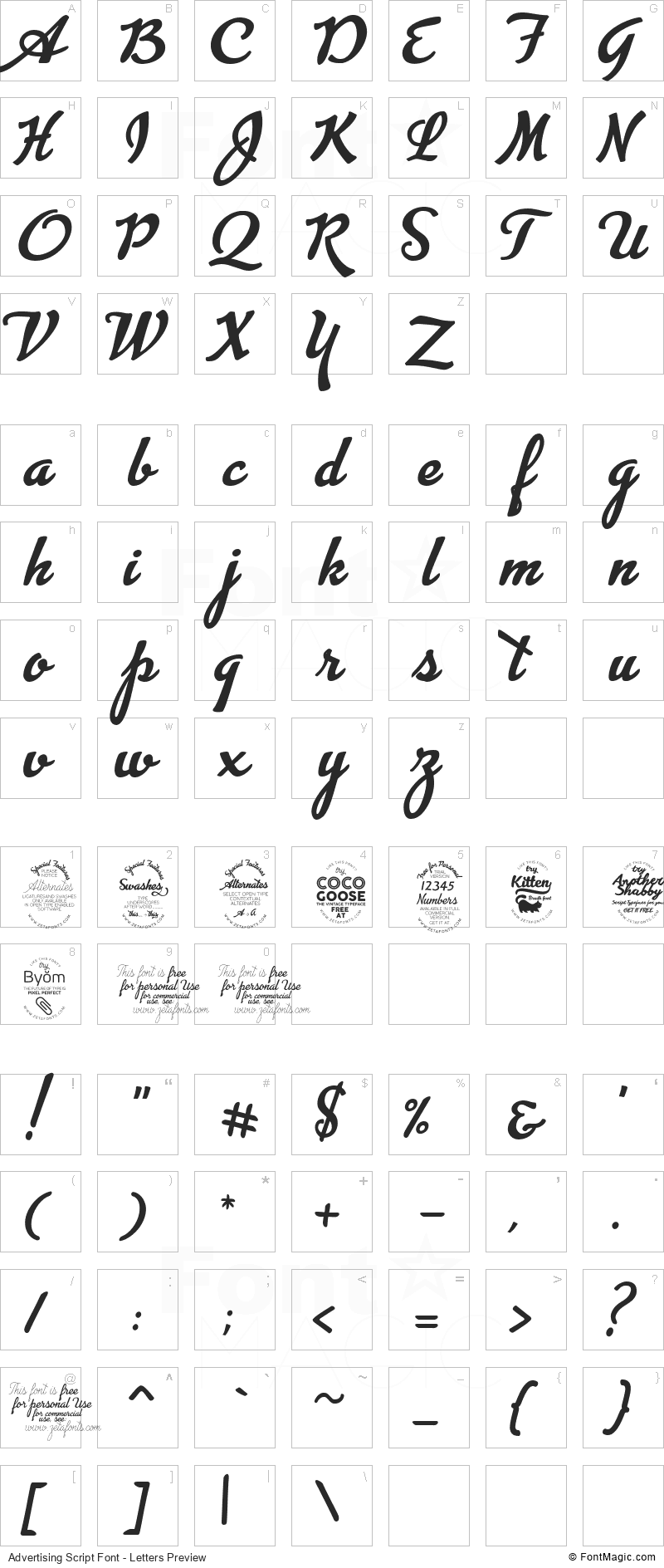 Advertising Script Font - All Latters Preview Chart