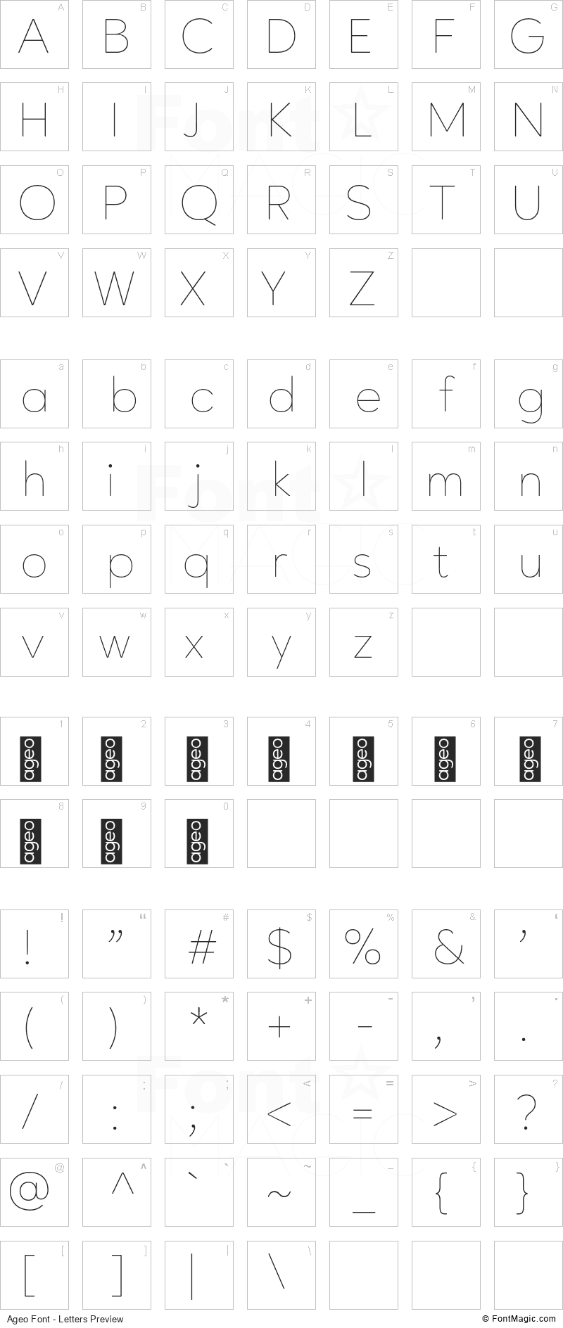 Ageo Font - All Latters Preview Chart