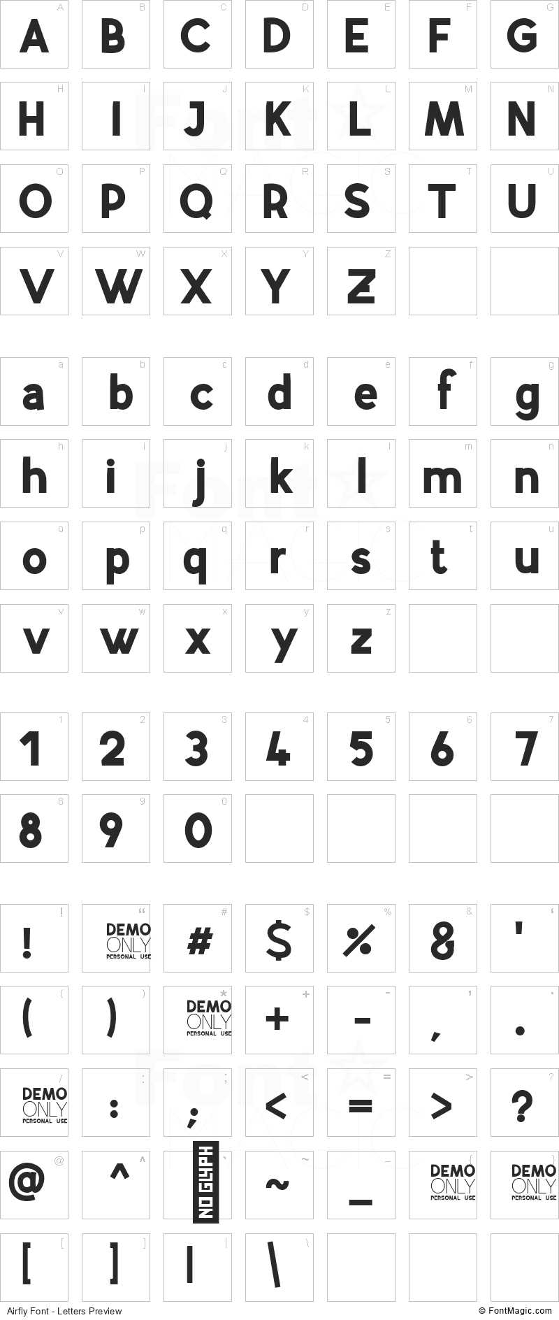 Airfly Font - All Latters Preview Chart