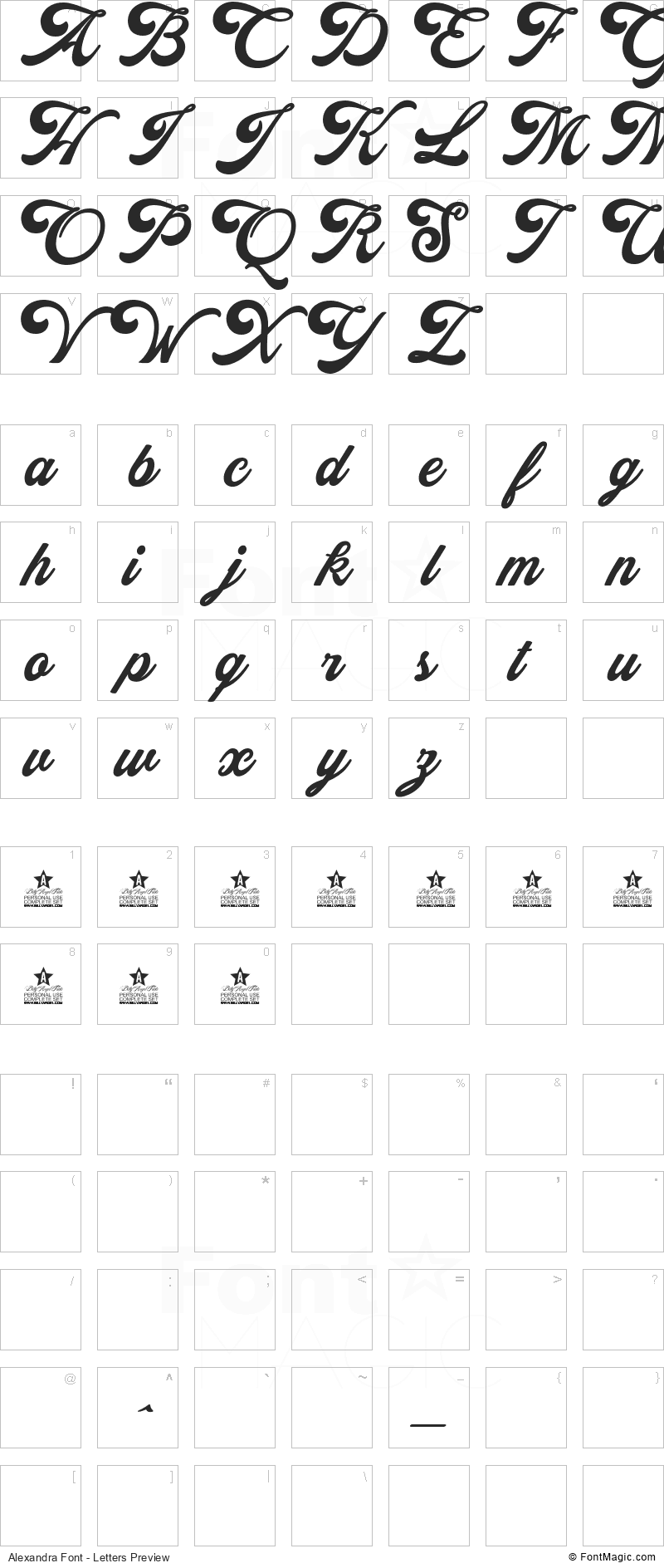 Alexandra Font - All Latters Preview Chart