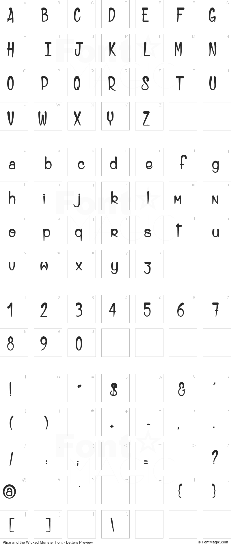 Alice and the Wicked Monster Font - All Latters Preview Chart