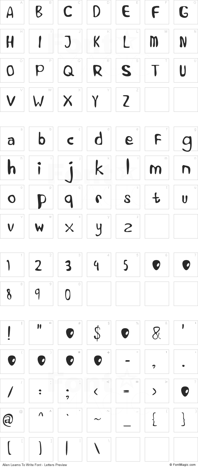 Alien Learns To Write Font - All Latters Preview Chart