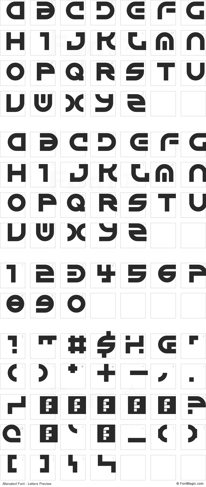 Alienated Font - All Latters Preview Chart