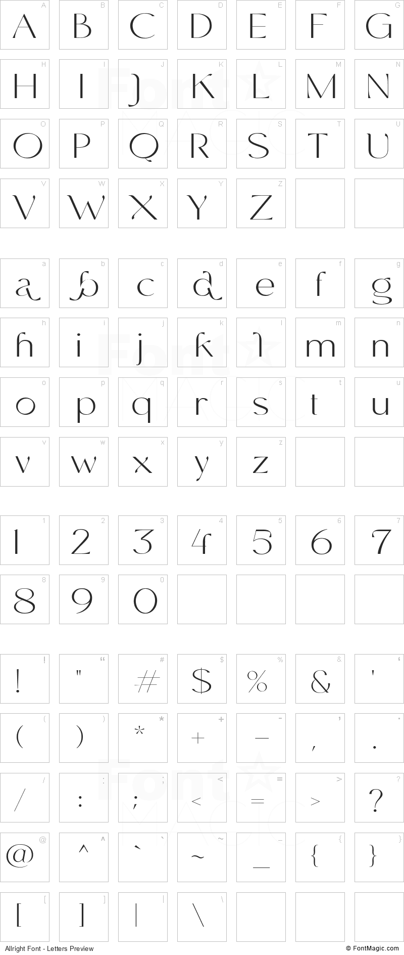 Allright Font - All Latters Preview Chart