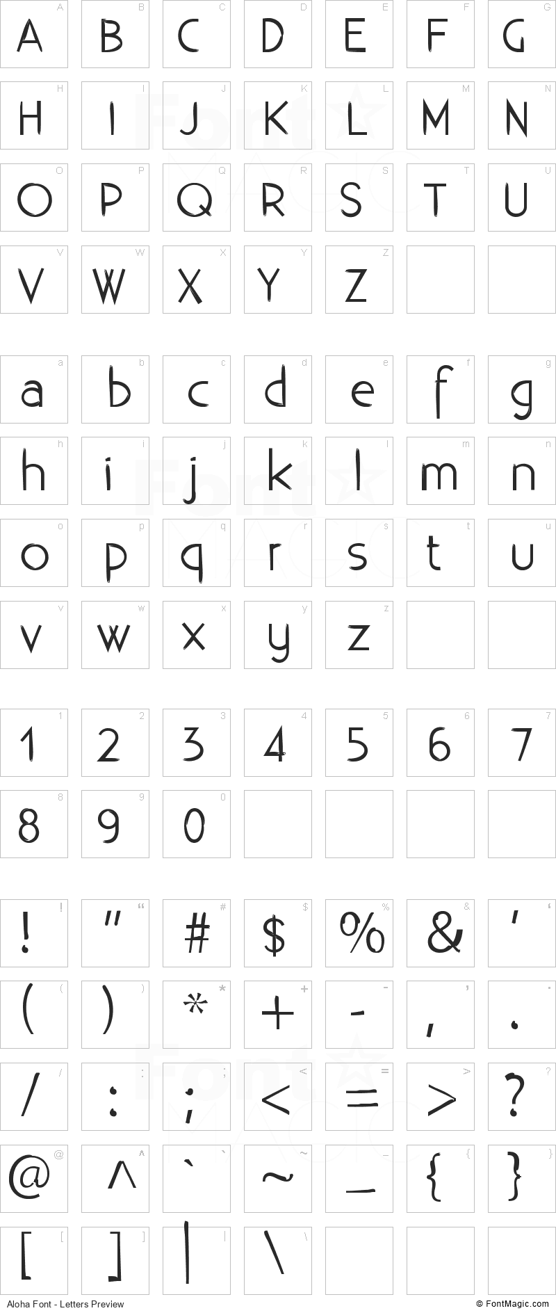 Aloha Font - All Latters Preview Chart