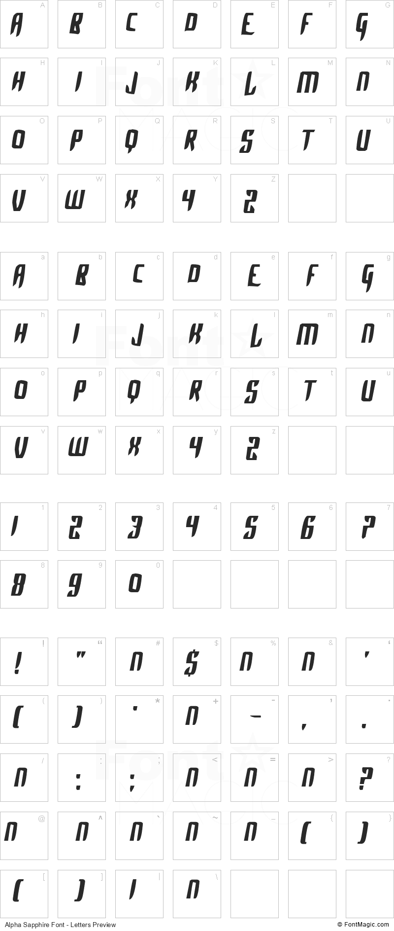 Alpha Sapphire Font - All Latters Preview Chart