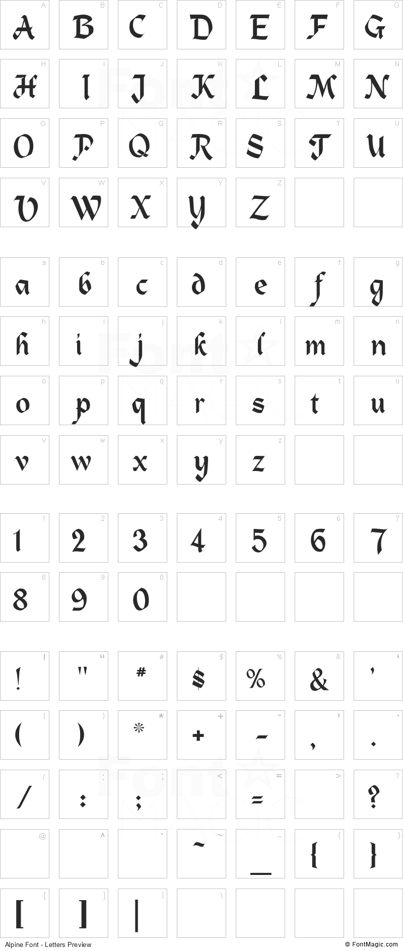 Alpine Font - All Latters Preview Chart