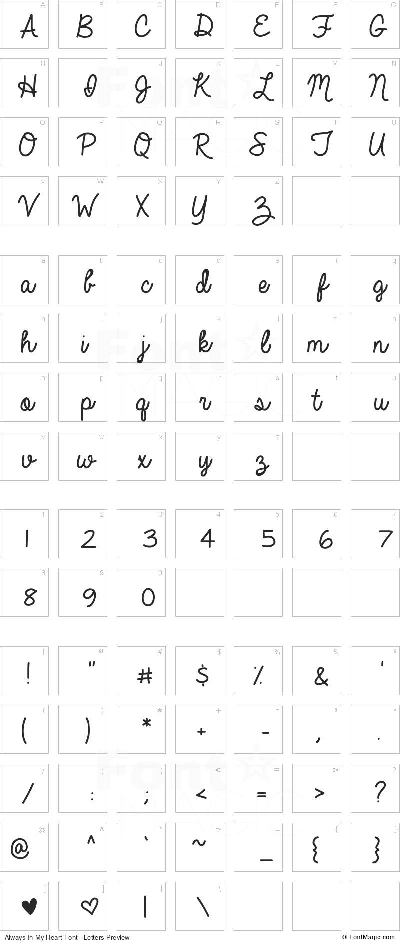Always In My Heart Font - All Latters Preview Chart