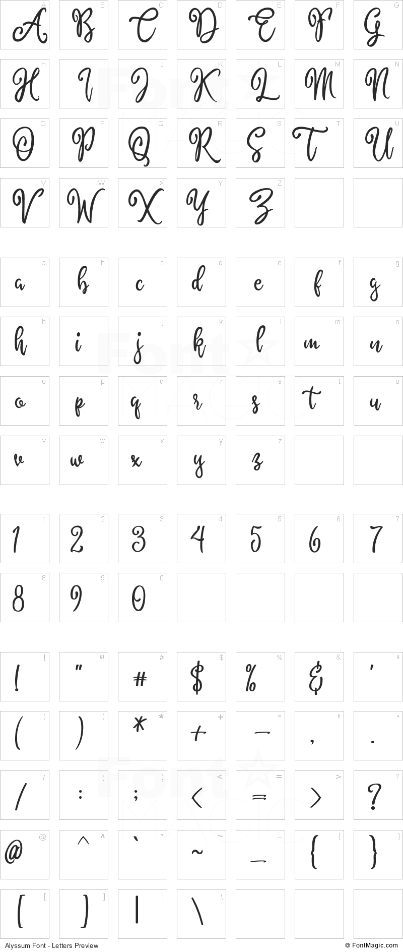 Alyssum Font - All Latters Preview Chart