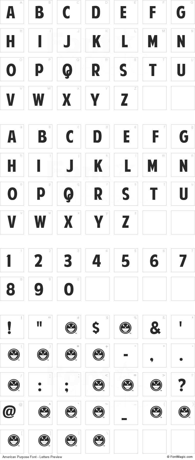 American Purpose Font - All Latters Preview Chart