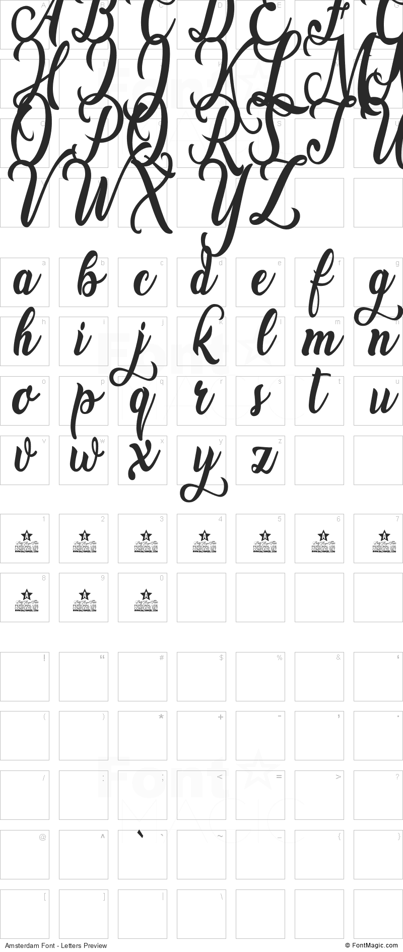 Amsterdam Font - All Latters Preview Chart