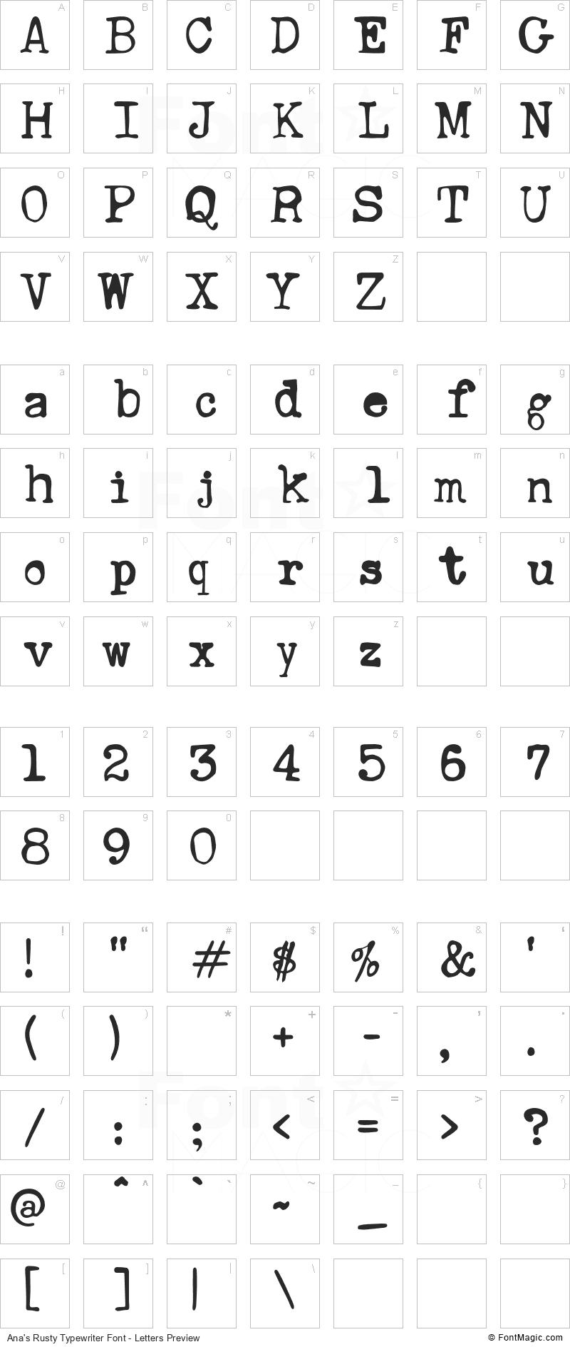 Ana’s Rusty Typewriter Font - All Latters Preview Chart