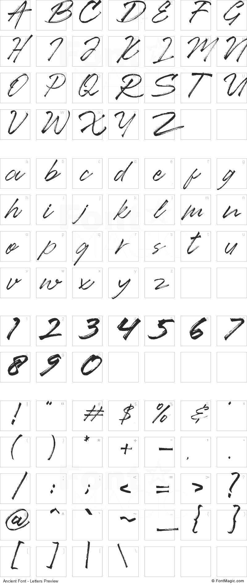 Ancient Font - All Latters Preview Chart