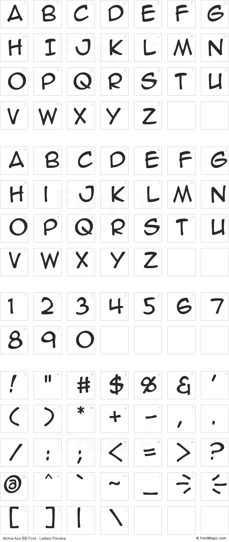 Anime Ace BB Font - All Latters Preview Chart