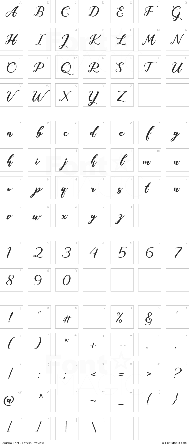 Anisha Font - All Latters Preview Chart