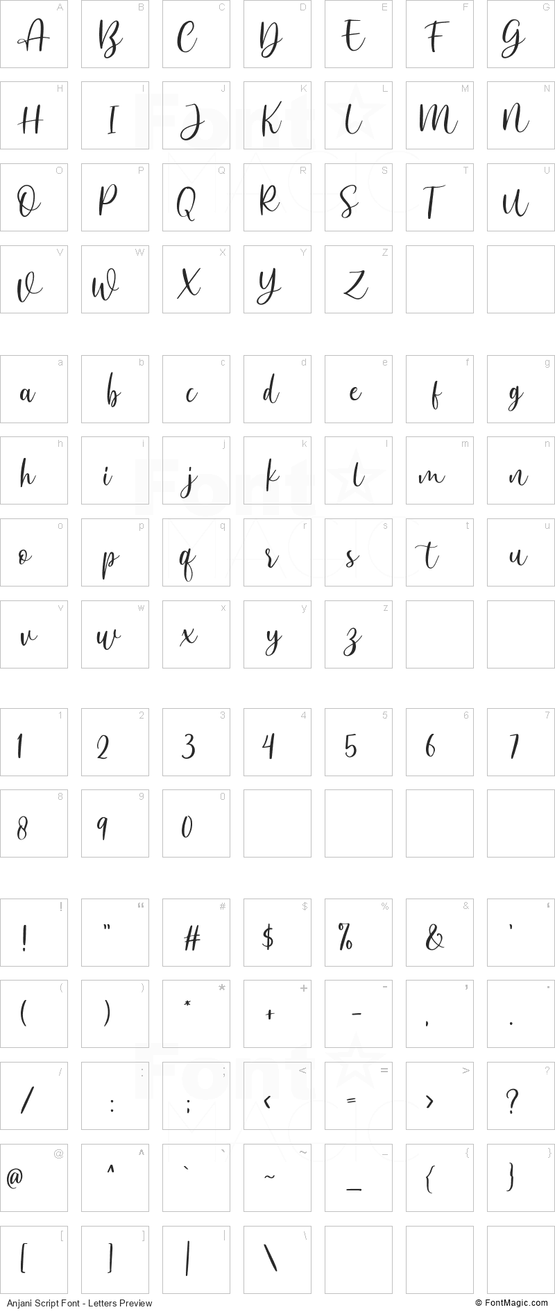 Anjani Script Font - All Latters Preview Chart