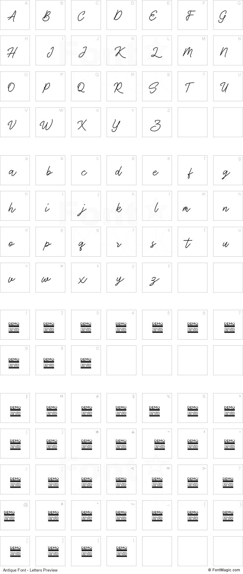 Antique Font - All Latters Preview Chart
