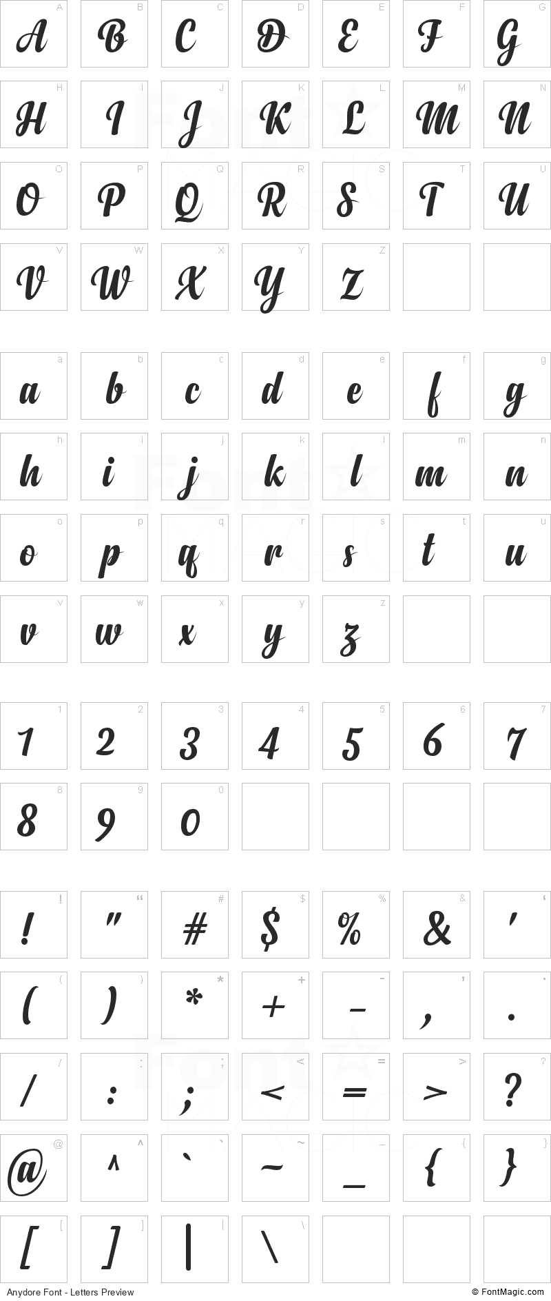 Anydore Font - All Latters Preview Chart