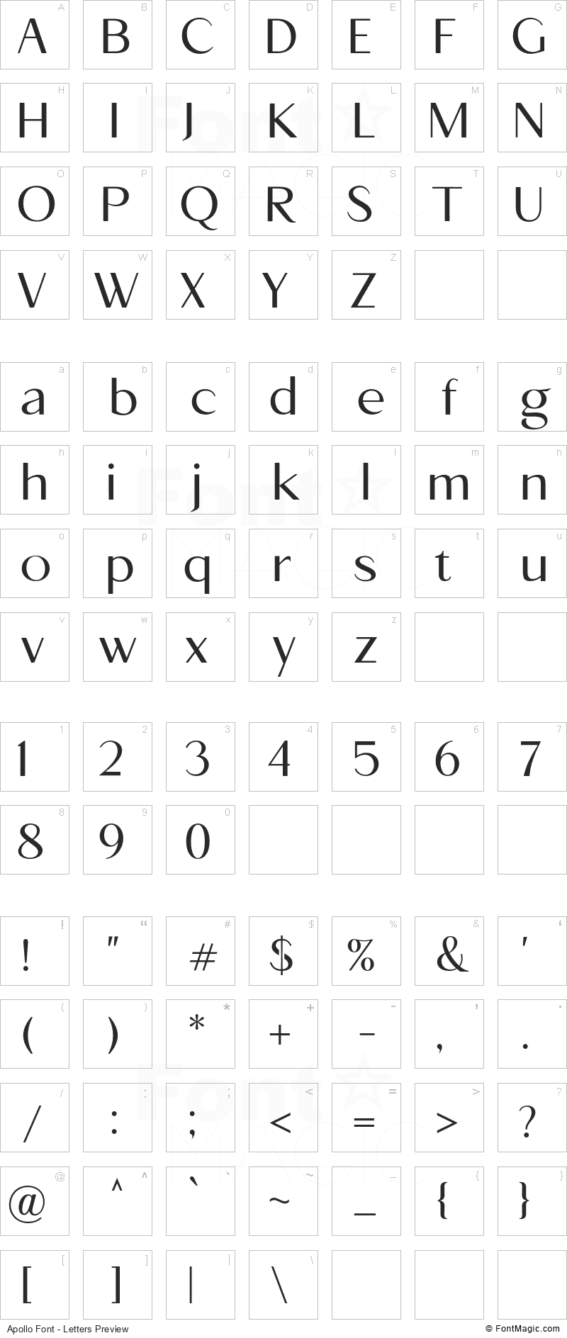 Apollo Font - All Latters Preview Chart