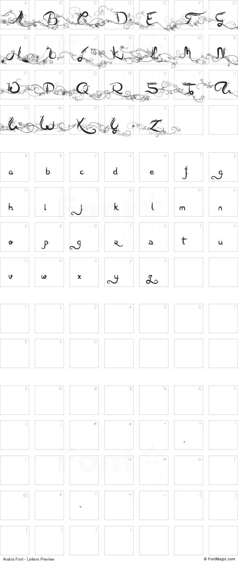 Arabia Font - All Latters Preview Chart