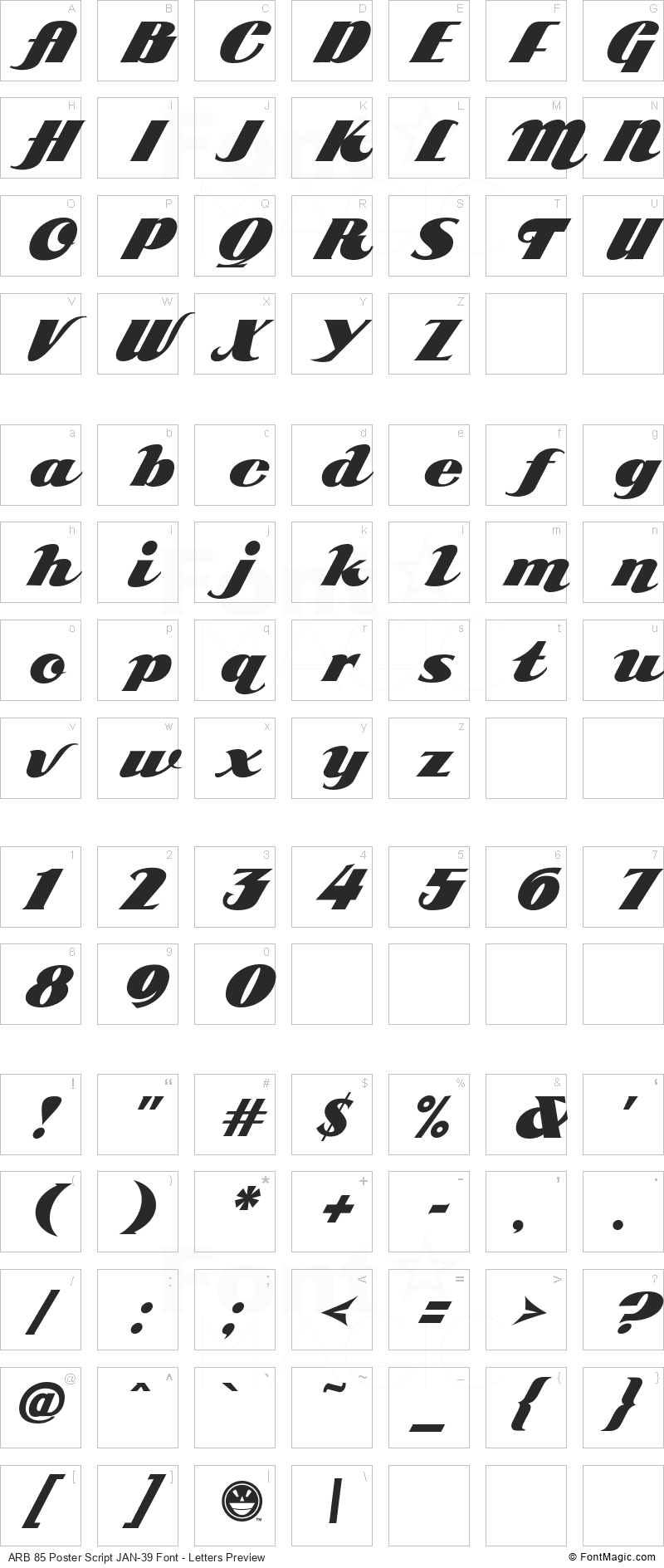 ARB 85 Poster Script JAN-39 Font - All Latters Preview Chart