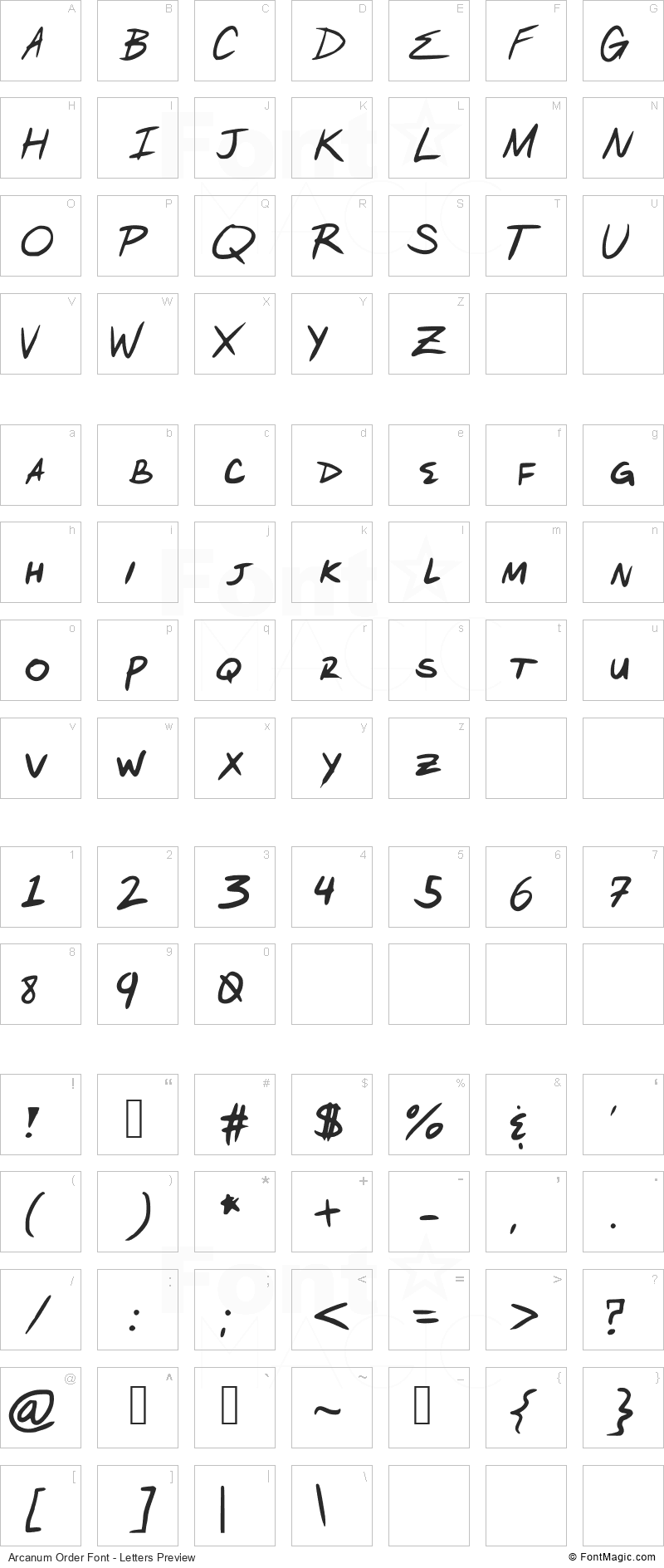 Arcanum Order Font - All Latters Preview Chart
