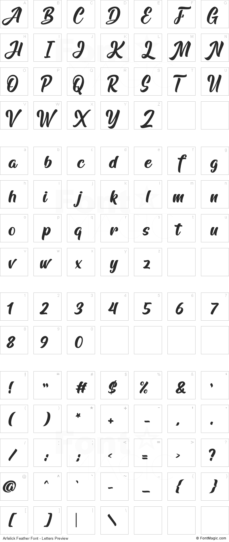 Arfelick Feather Font - All Latters Preview Chart