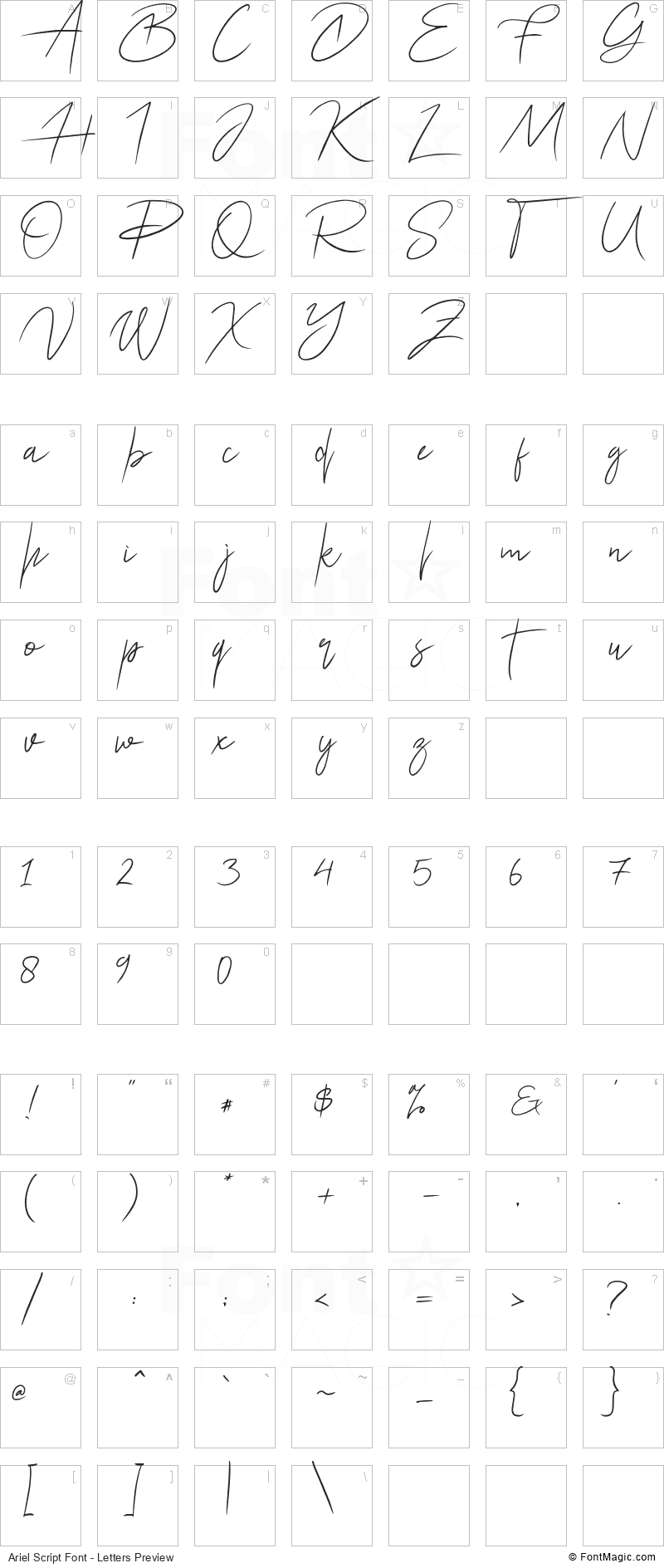 Ariel Script Font - All Latters Preview Chart