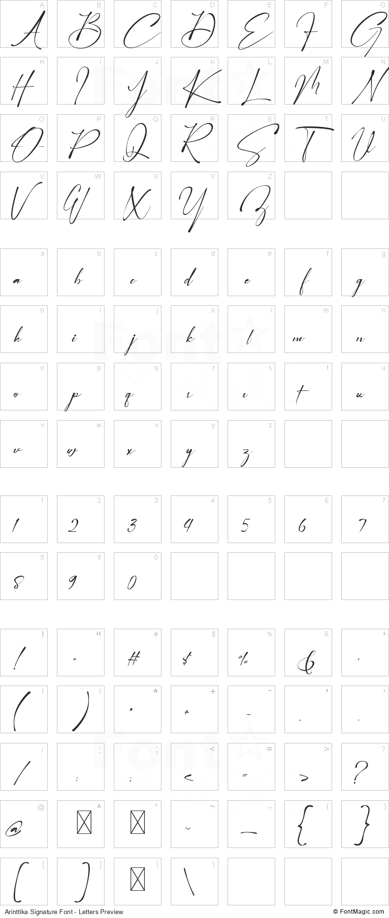 Arinttika Signature Font - All Latters Preview Chart