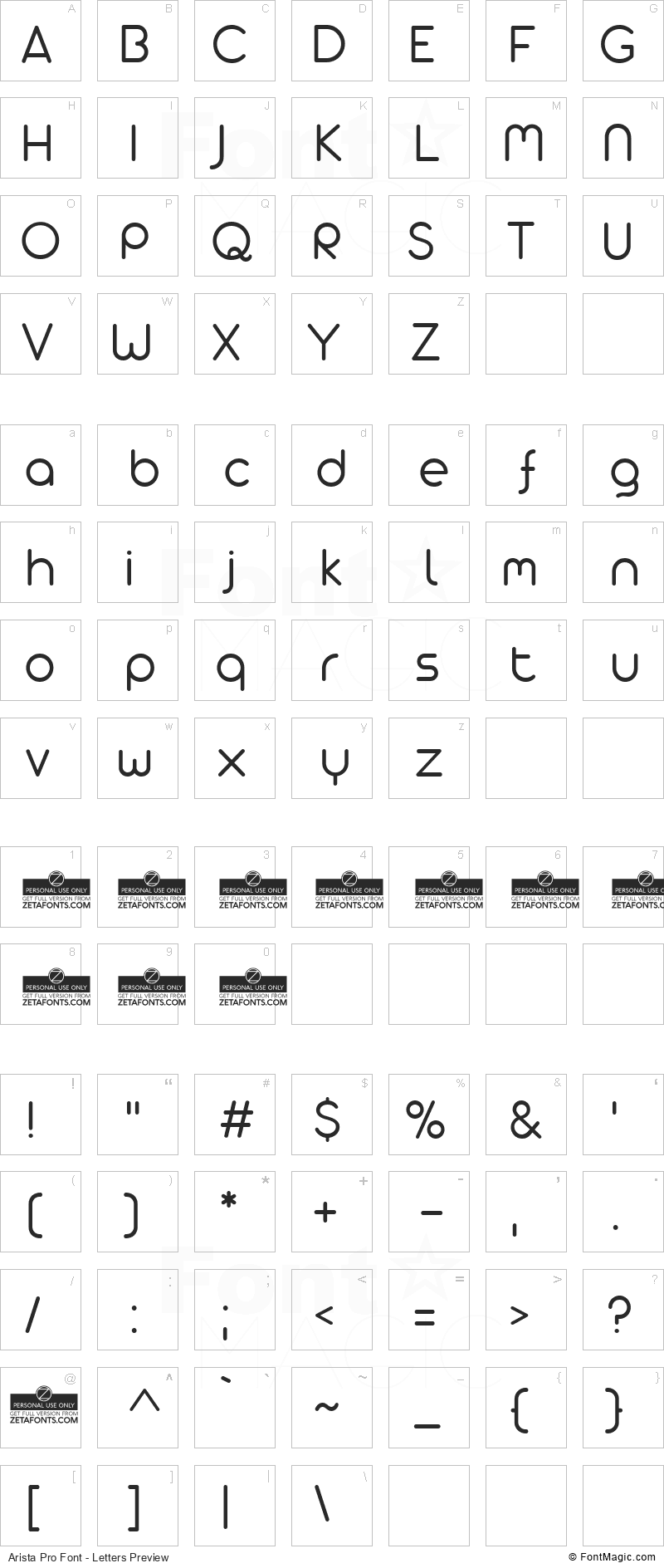 Arista Pro Font - All Latters Preview Chart