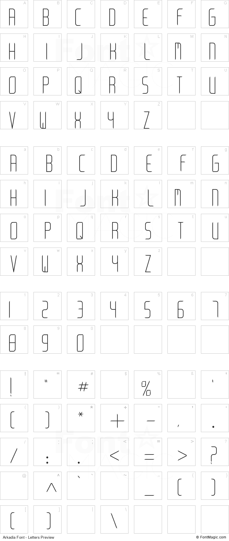 Arkadia Font - All Latters Preview Chart
