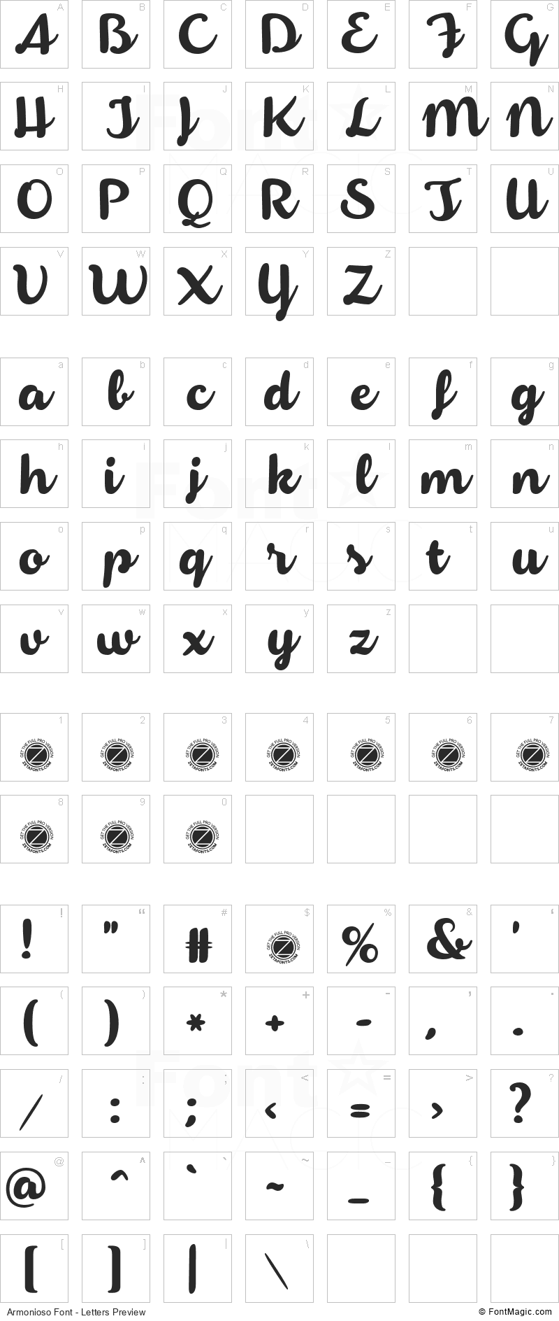 Armonioso Font - All Latters Preview Chart