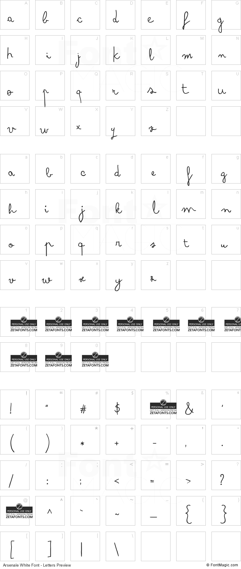 Arsenale White Font - All Latters Preview Chart