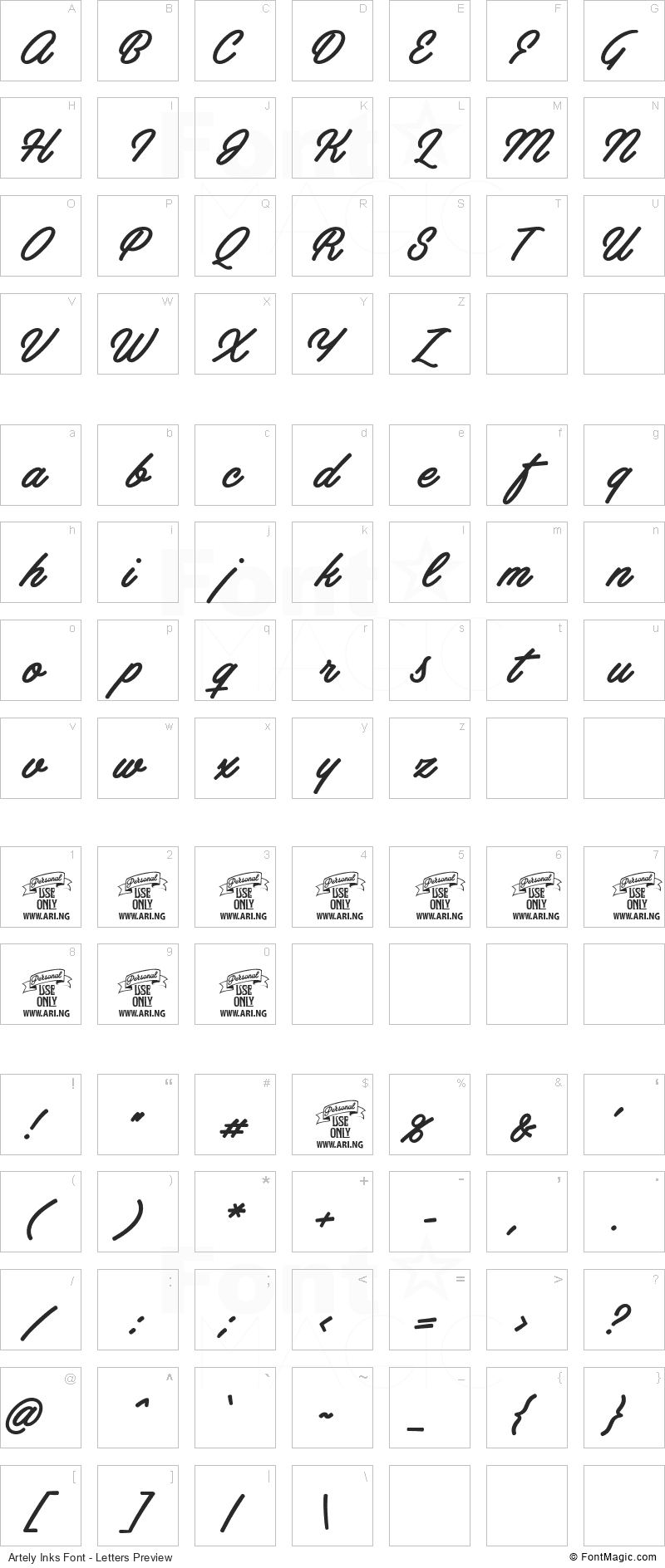 Artely Inks Font - All Latters Preview Chart