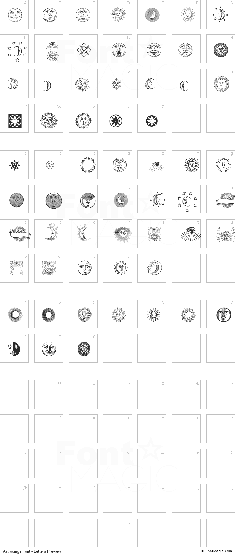 Astrodings Font - All Latters Preview Chart