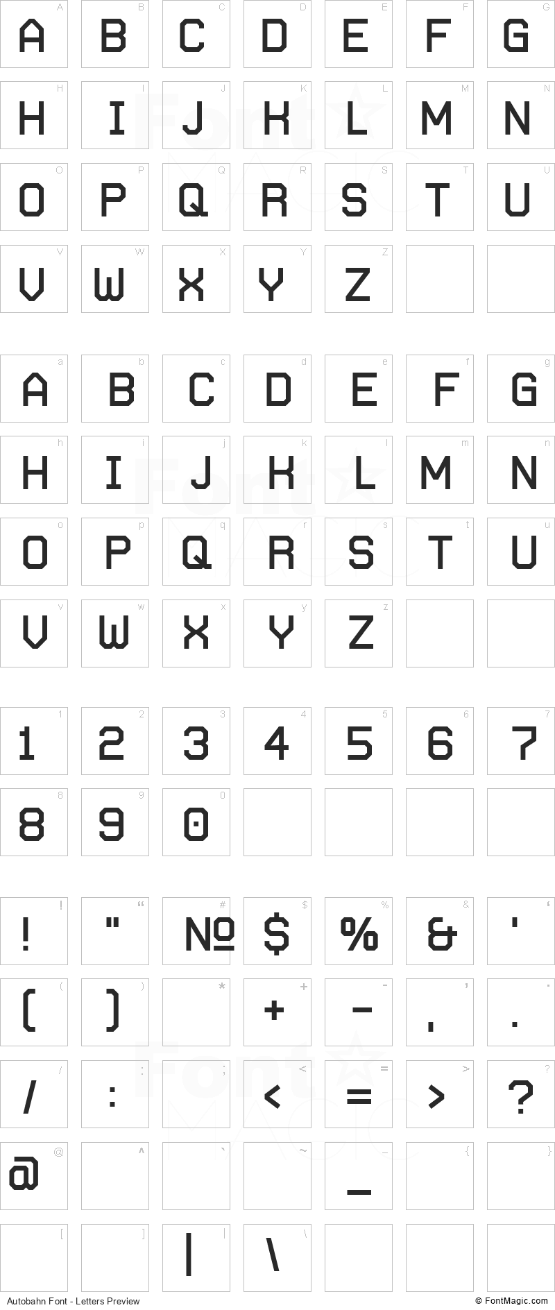 Autobahn Font - All Latters Preview Chart