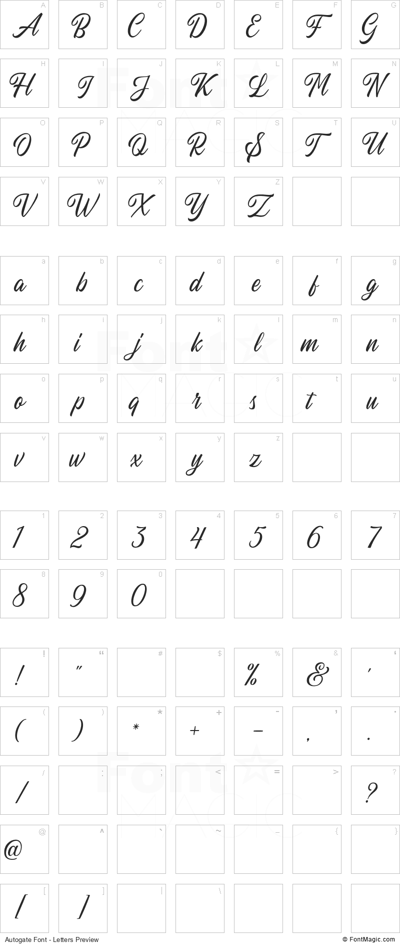 Autogate Font - All Latters Preview Chart