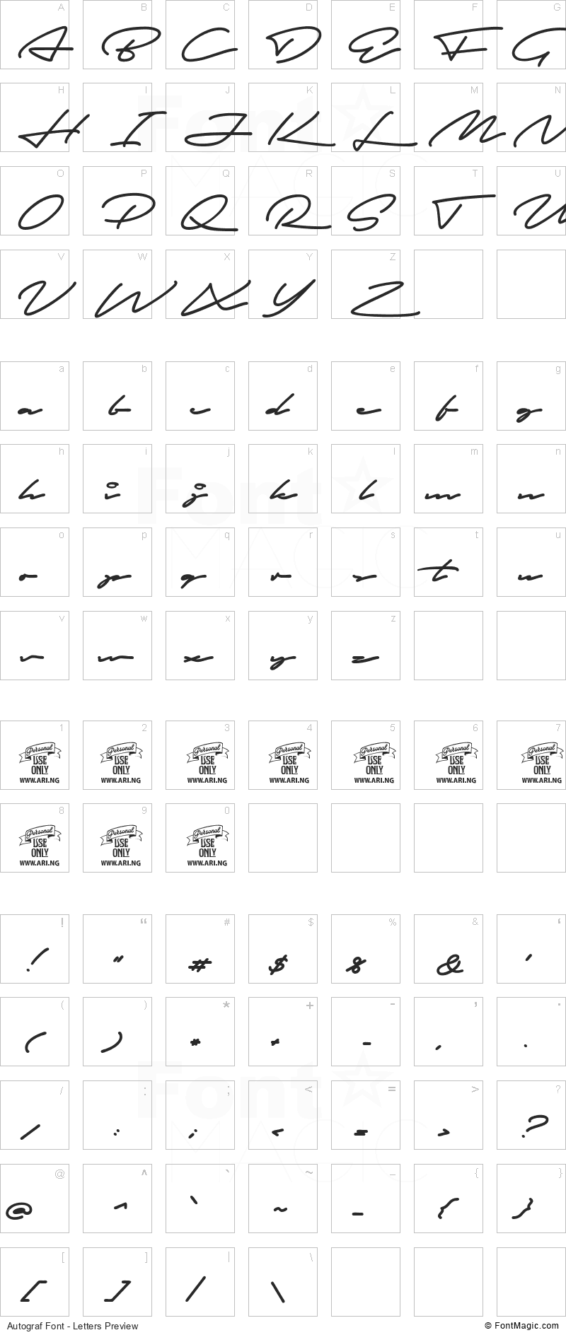 Autograf Font - All Latters Preview Chart