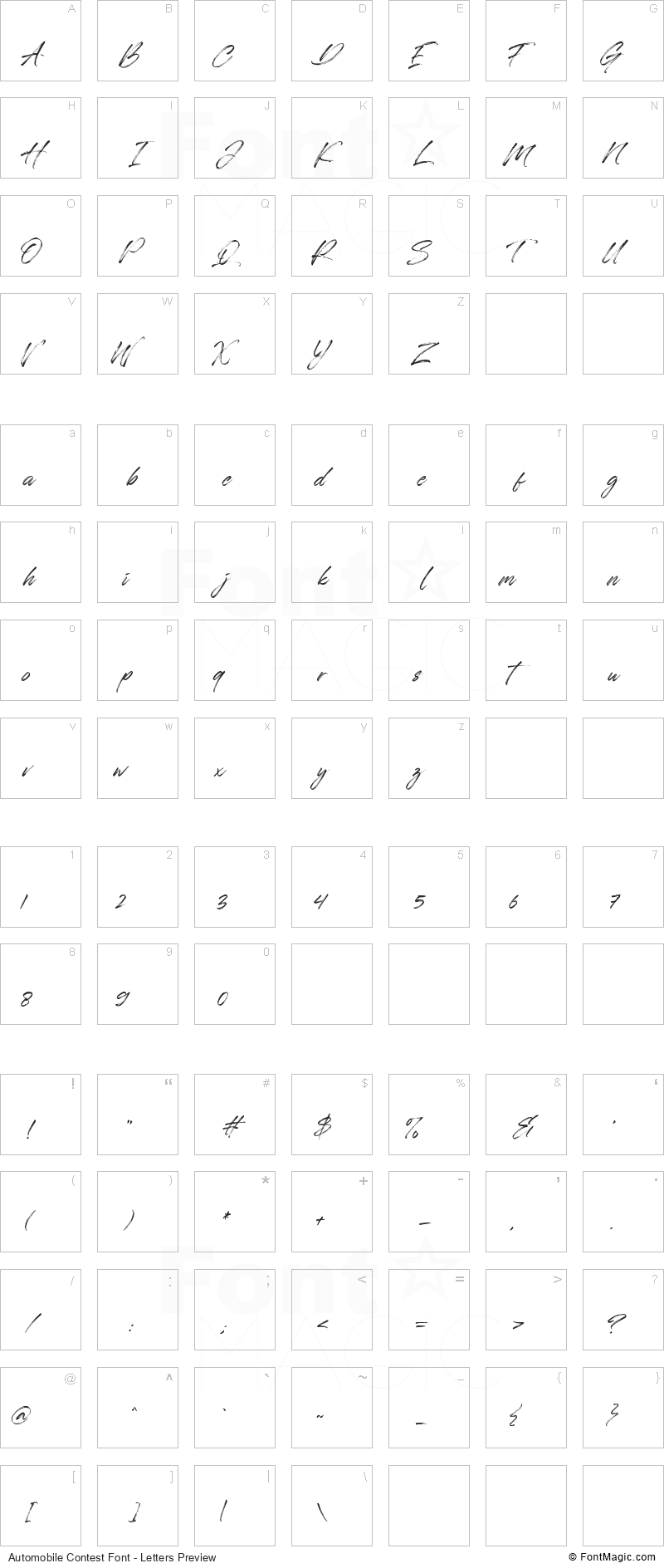 Automobile Contest Font - All Latters Preview Chart