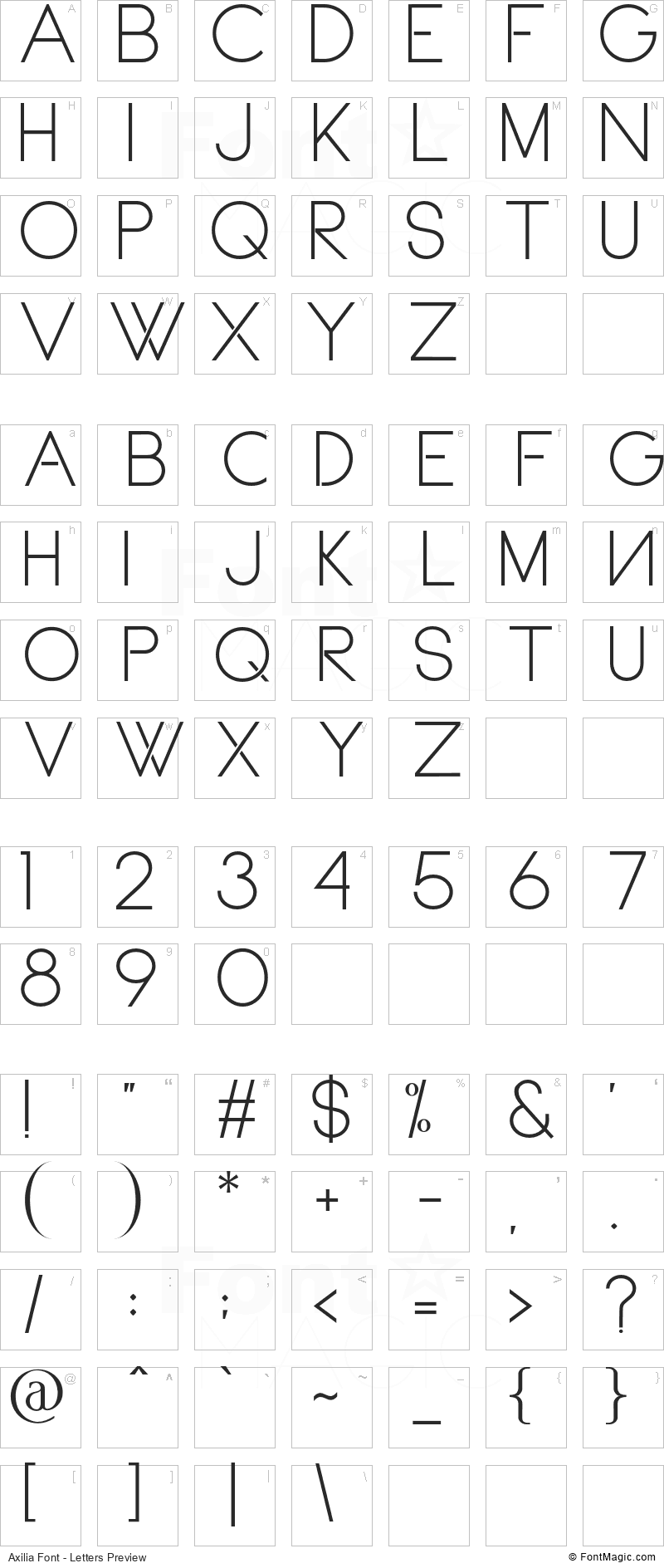 Axilia Font - All Latters Preview Chart