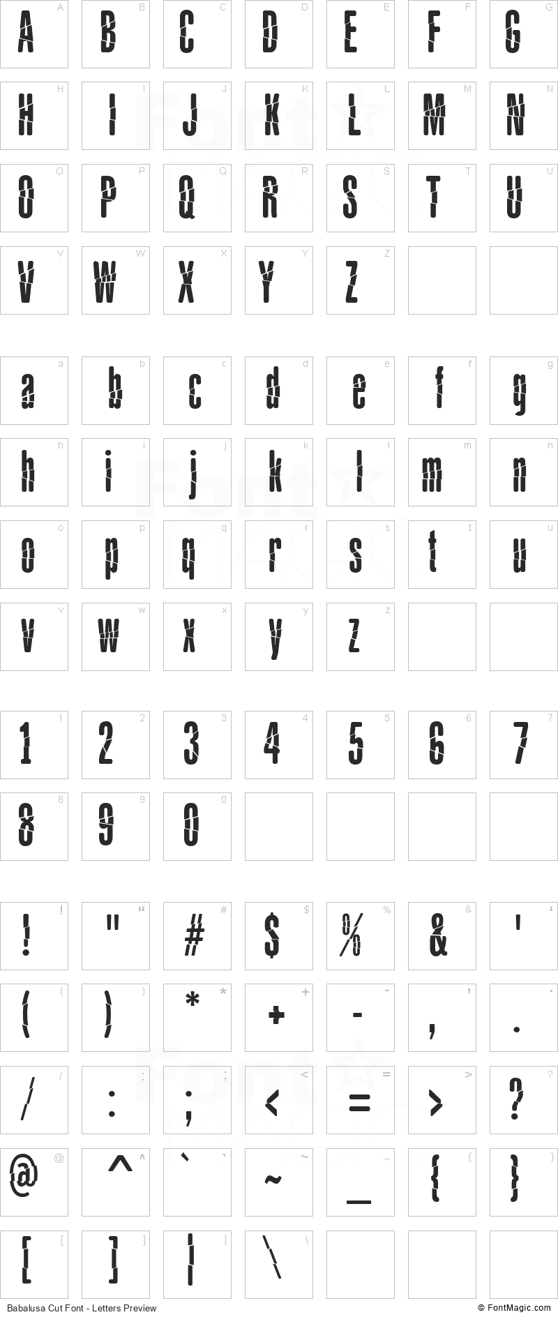 Babalusa Cut Font - All Latters Preview Chart