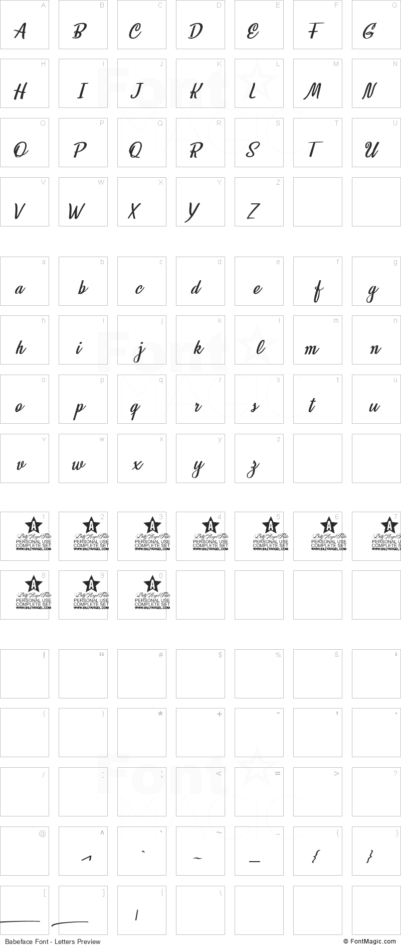 Babeface Font - All Latters Preview Chart