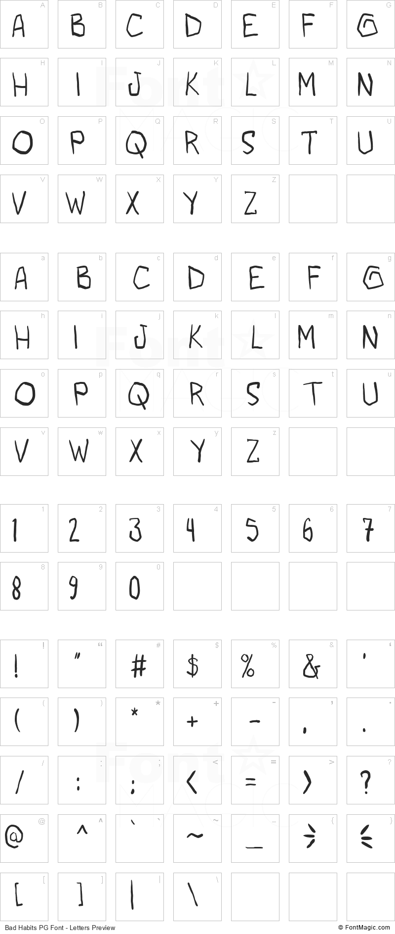 Bad Habits PG Font - All Latters Preview Chart